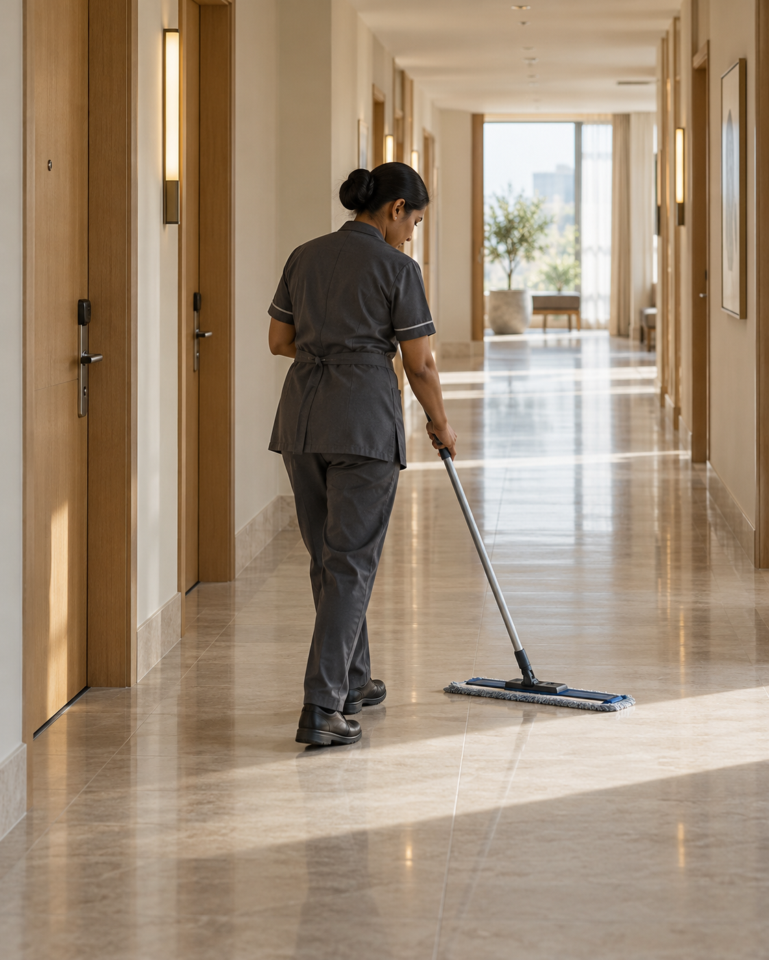 AI-generated editorial image of a housekeeping professional mopping a quiet hotel corridor before guests arrive