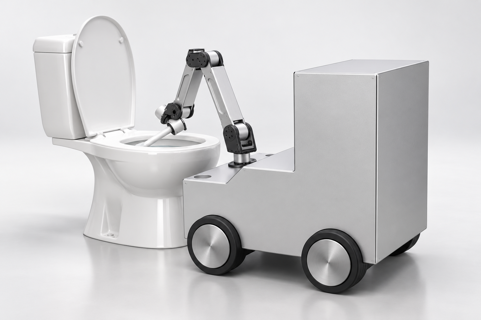 AI concept render based on LeevAI’s design: a complete wheeled toilet-cleaning robot with a raised rear housing and integrated cleaning mechanism